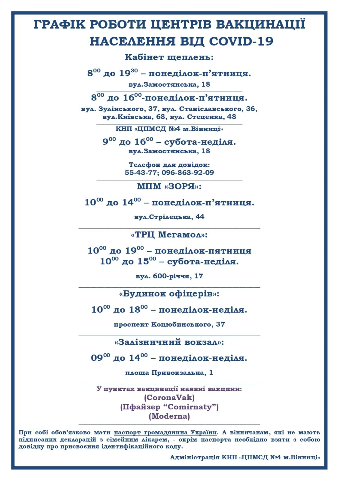 Інформація по пунктах щеплень COVID-19 КНП “ЦПМСД №4 м.Вінниці” на 01.11.2021